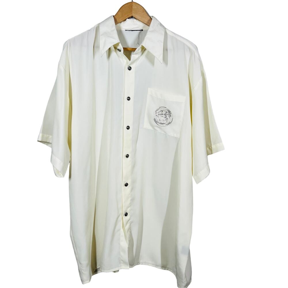 Button Up Shirt Greek Goddess Medusa Embossed Short Sleeve Ivory Resort Casual L